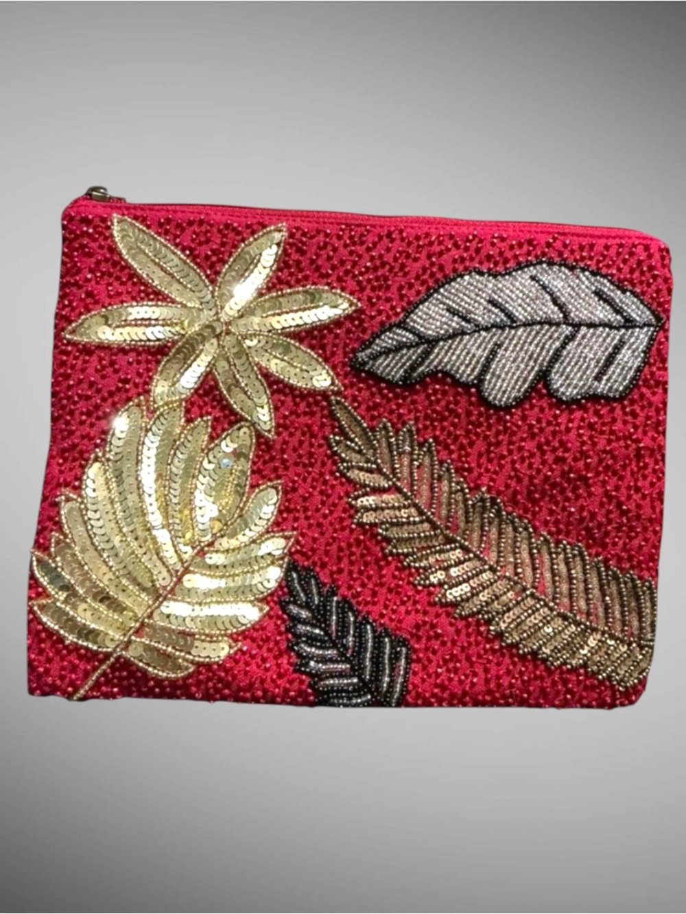 America & Beyond Beaded Leaf Embellished Travel Makeup Bag Wristlet